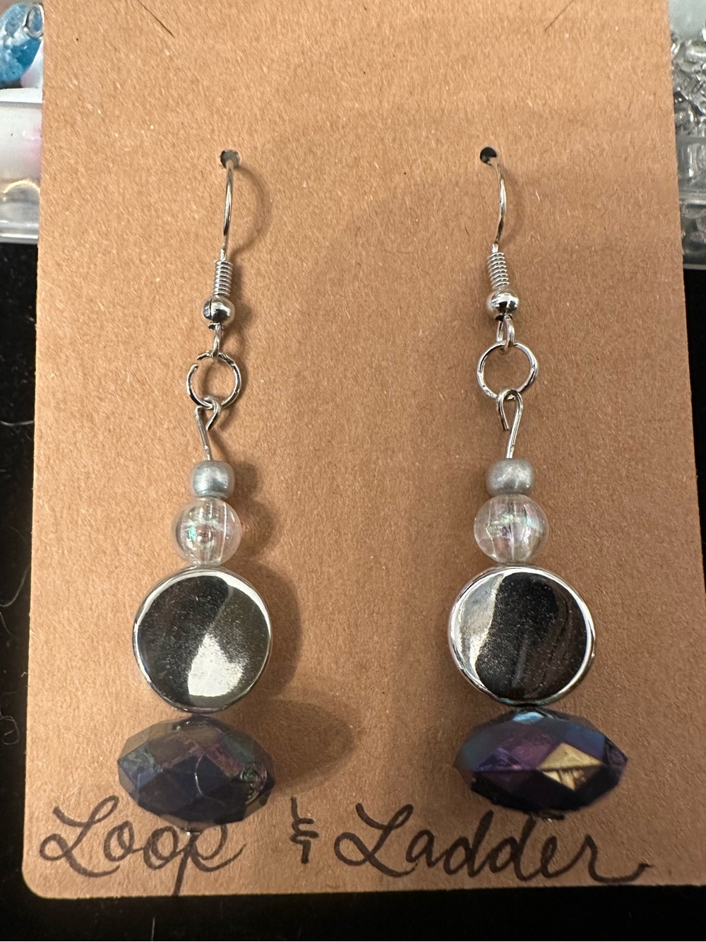 Silver and Iridescent Bead Drop Earrings